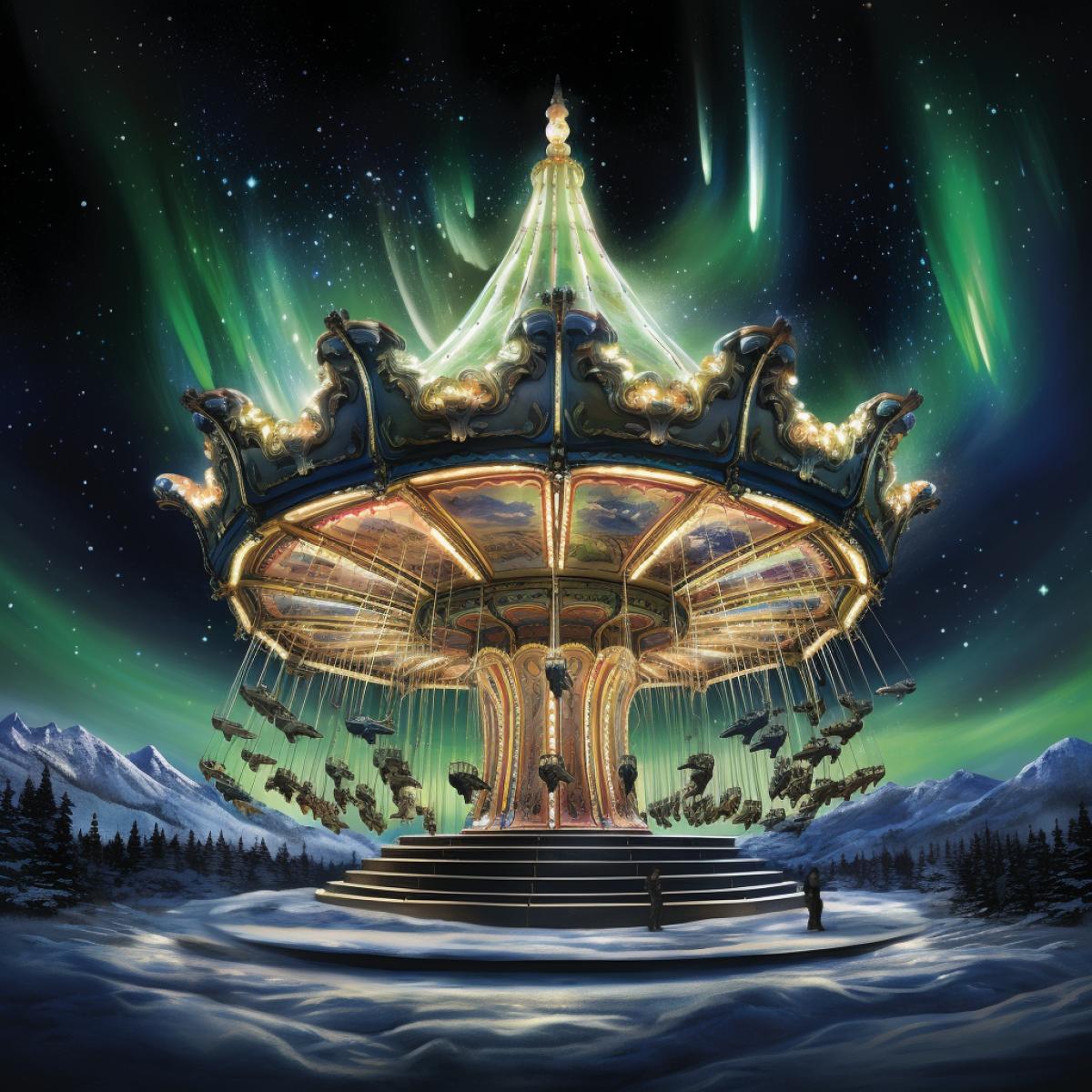 A cosmic carousel suspended in the polar sky. Beneath the brilliant Aurora Borealis, a colossal, transparent carousel spins gracefully among the stars. Each ornate seat holds mythical creatures, from griffins to sea serpents. As the carousel turns, riders experience a whimsical journey through the night sky, their expressions reflecting joy and enchantment. This surreal, cosmic carnival challenges all other entries with its imaginative allure.