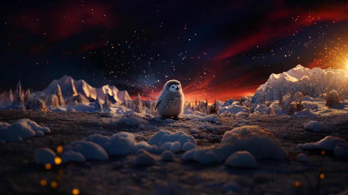 cute little baby penguin goes through snow blizzard, northern lights, aurora, Dancing sky lights, night, photorealistic, hyper details, 8k