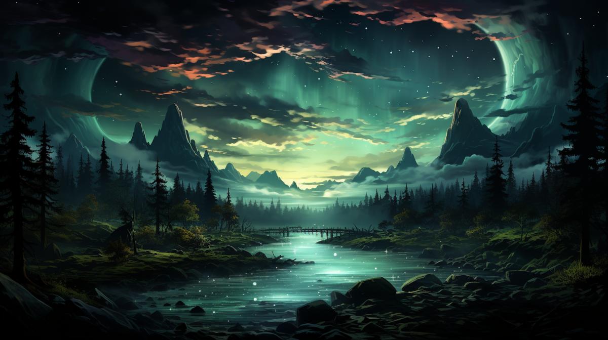 Neon Nature landscape, Midnight Northern Lights, arctic night silence, gothic noir, spectral saturation