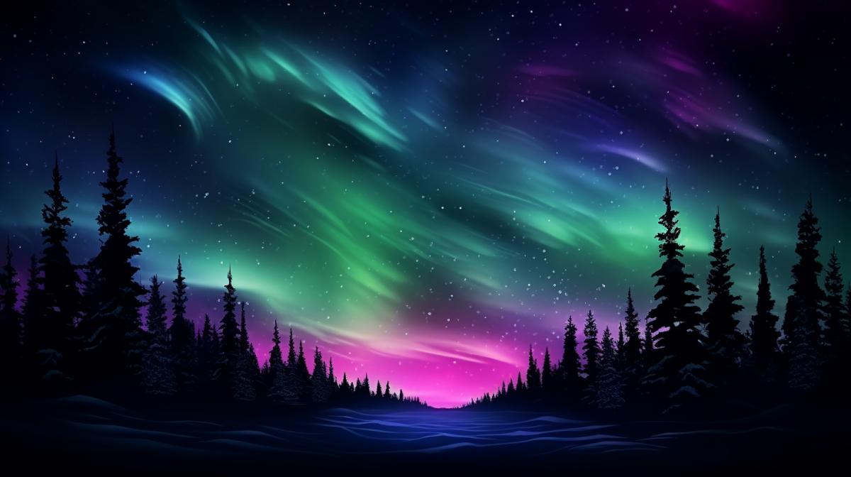 Neon Nature Tableaux Midnight Northern Lights, arctic night silence, haunting silhouettes, gothic noir, spectral saturation
