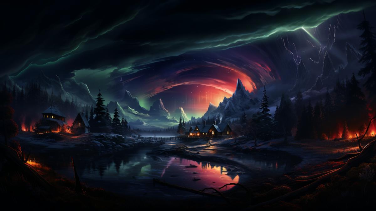 Scandinavian village, northern lights in the sky, Neon Nature, night, snowfall, fir trees, Nostalgic atmosphere