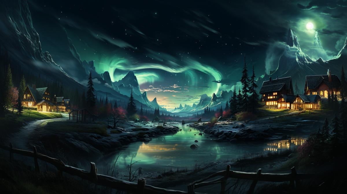 Scandinavian village, northern lights in the sky, Neon Nature, night, snowfall, fir trees, Nostalgic atmosphere