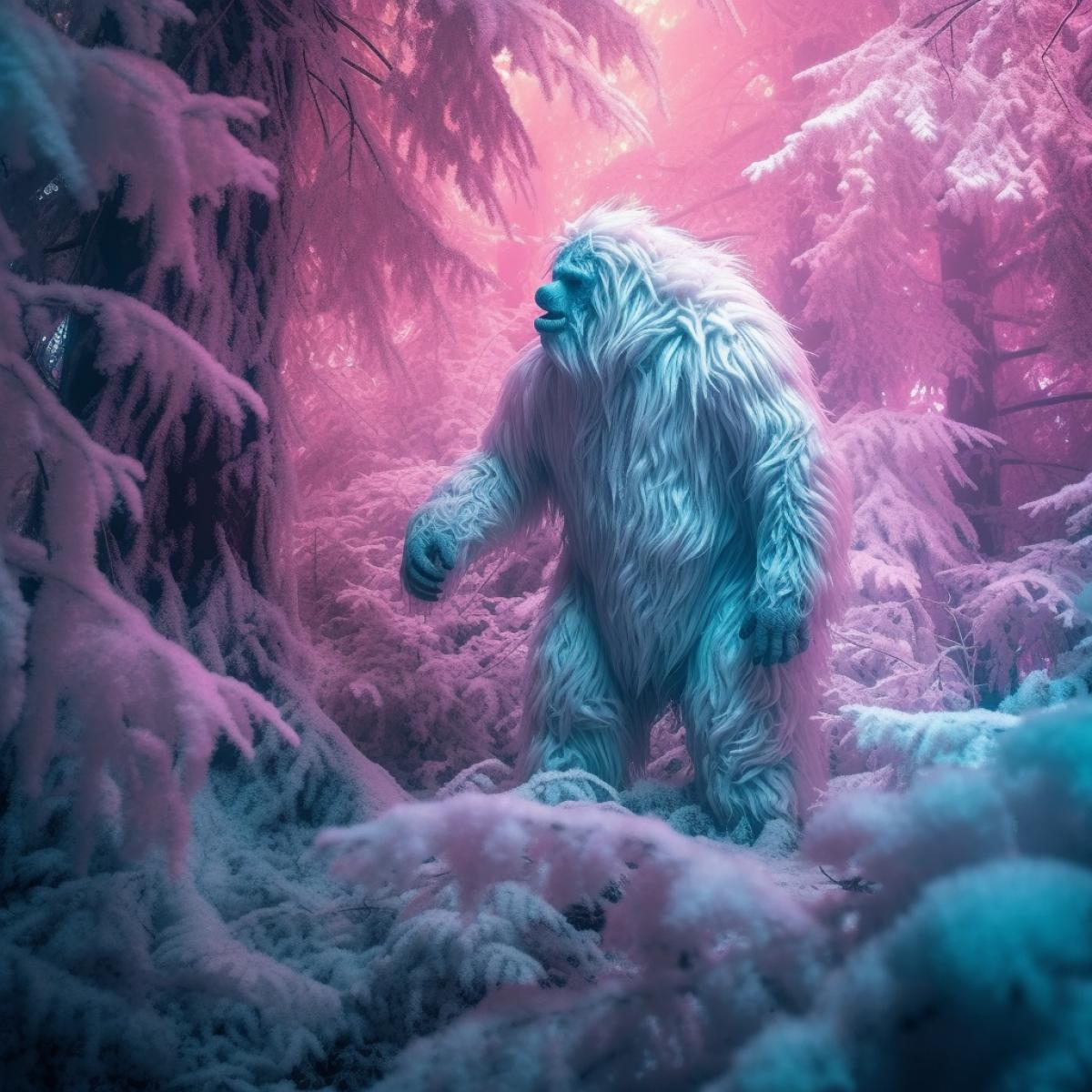 YETI, fairy forest, aurora, bright and rich colors, photography