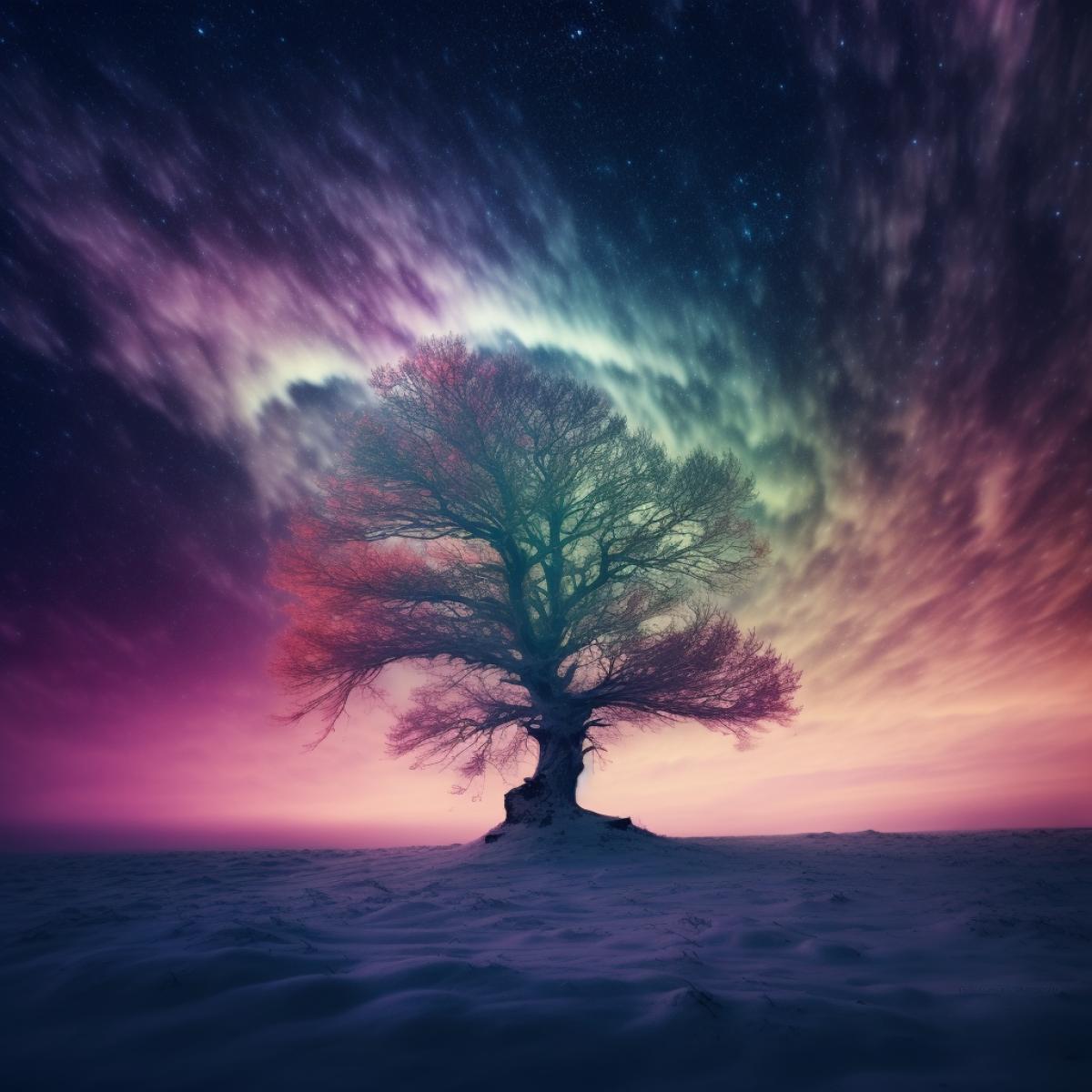 beautiful fluffy Lonely tree, Yeti, aurora, bright and rich colors, photography