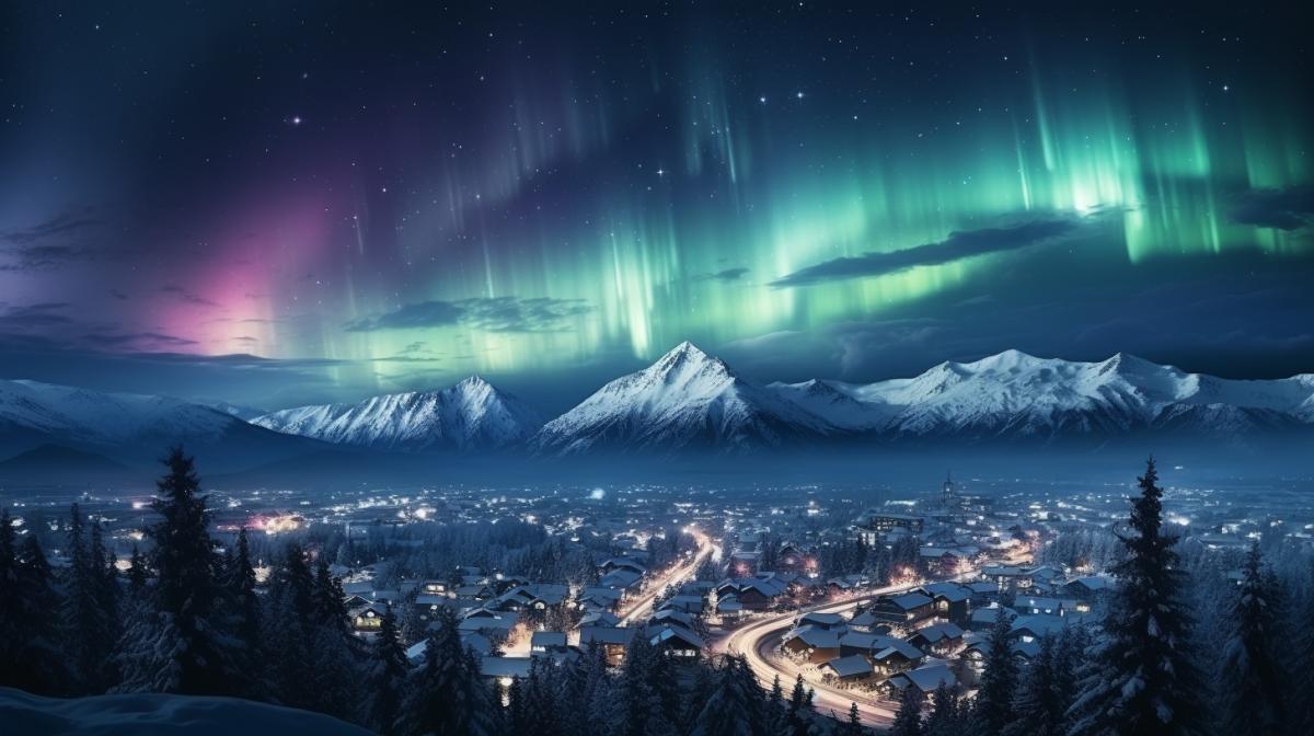 Icescape under the aurora sky, Polar Lights, Neon Glowing Colors, Pure Reflections