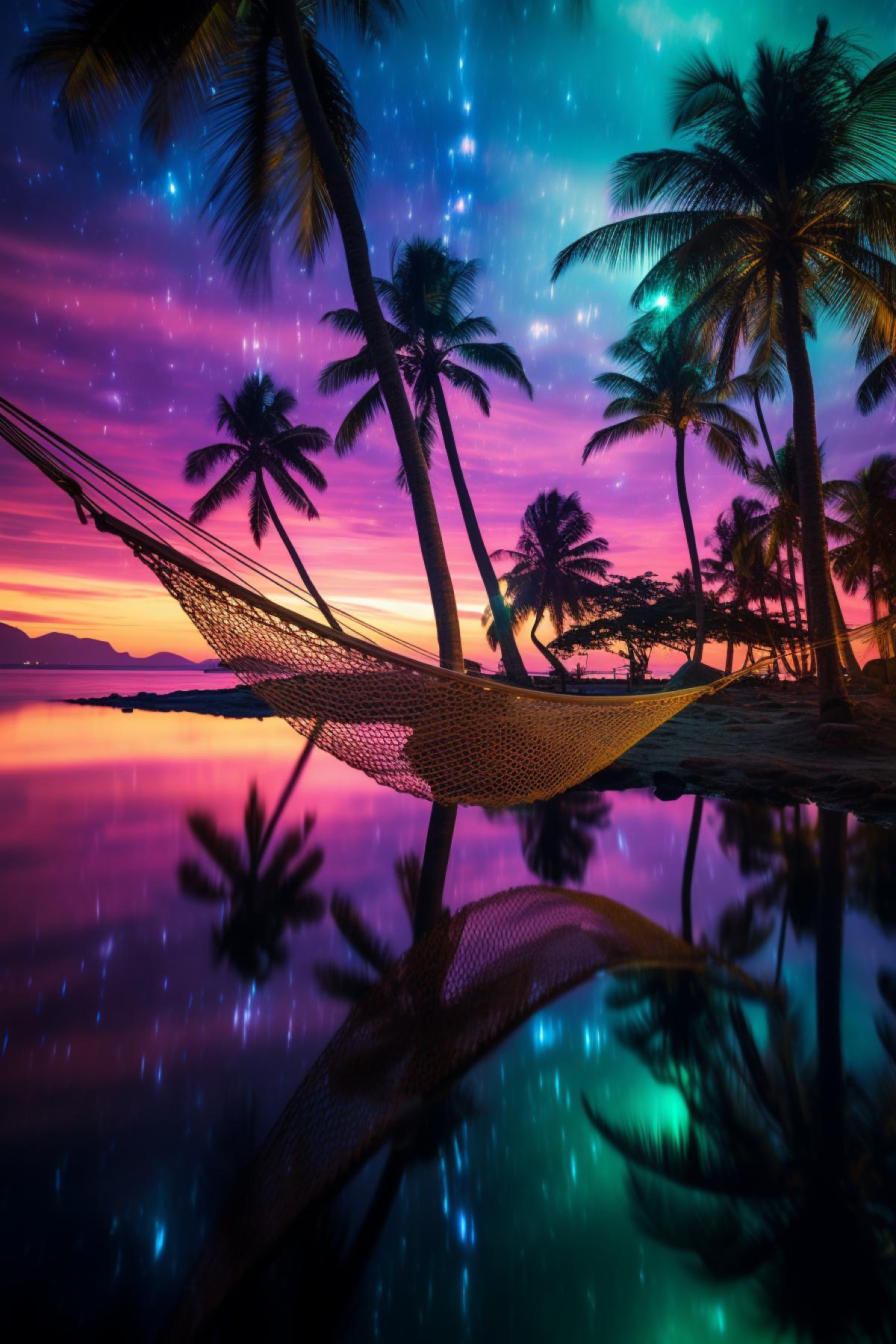Polar lights on the island of Bali, with a hammock strung between palm trees in the foreground and striped polar lights in the sky