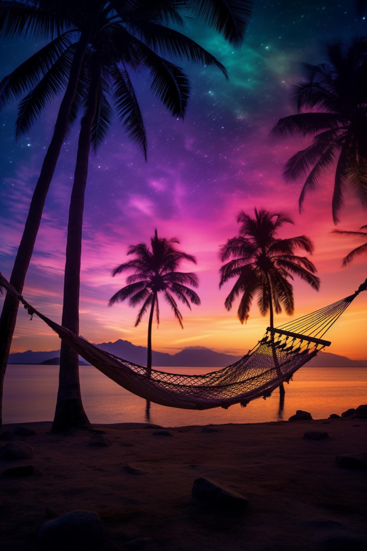 Polar lights on the island of Bali, with a hammock stretched between palm trees in the foreground and a bright aurora borealis in the background