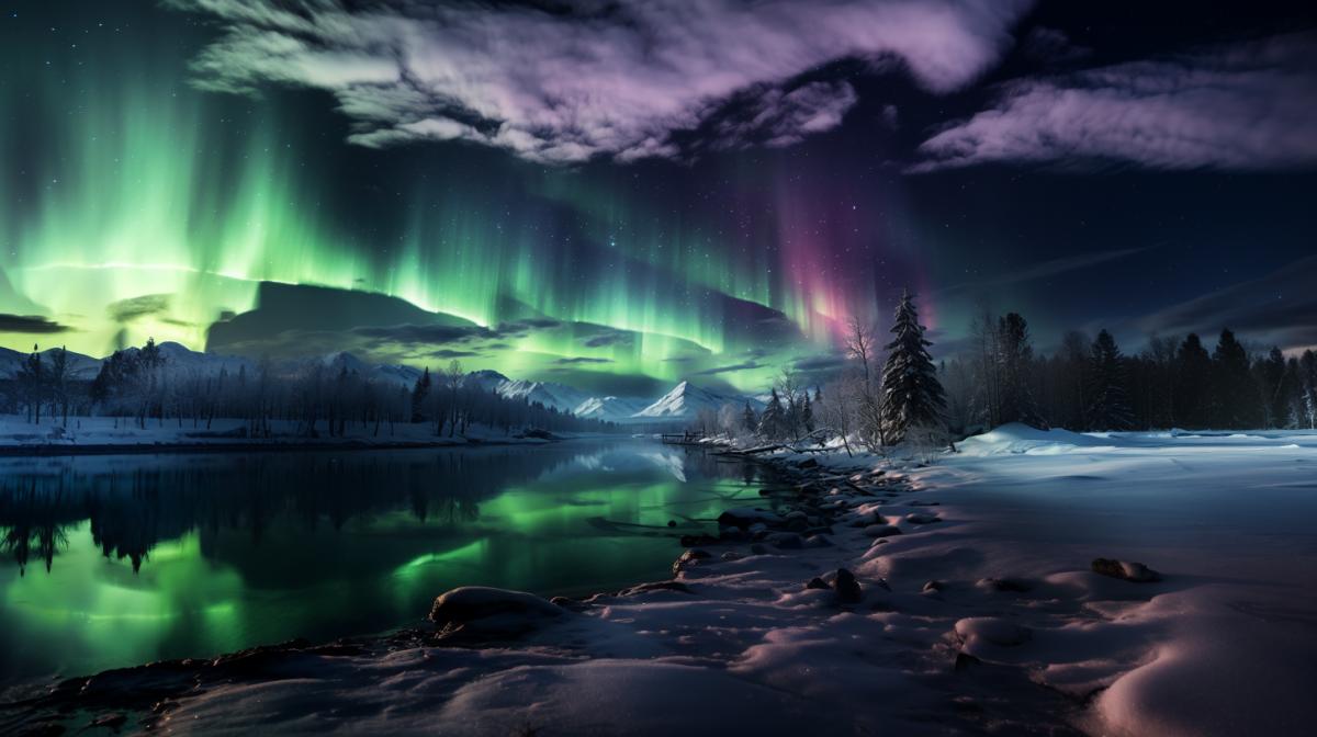 Antarctic Icescape under the aurora sky, Polar Lights, flock of penguins on an ice floe, Neon Glowing Colors, Pure Reflections
