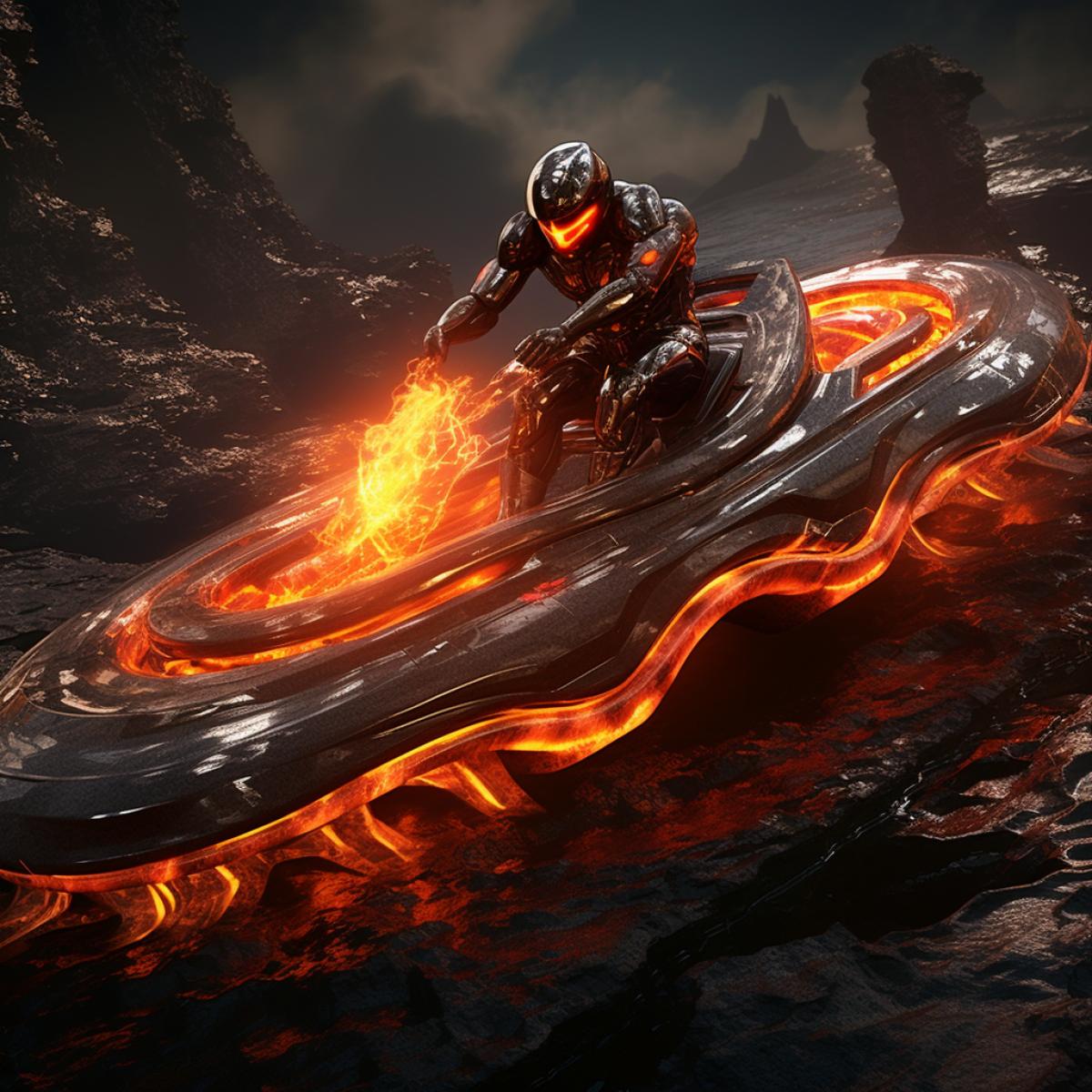 A subterranean world of magma-surfing vehicles. In the heart of a volcanic landscape, magma-surfing machines resembling futuristic surfboards glide on rivers of molten lava. Adventurers don protective suits as they navigate the fiery torrents, and their boards are equipped with anti-heat technology. The surreal, adrenaline-pumping journey through liquid rock offers a truly exotic mode of transport.