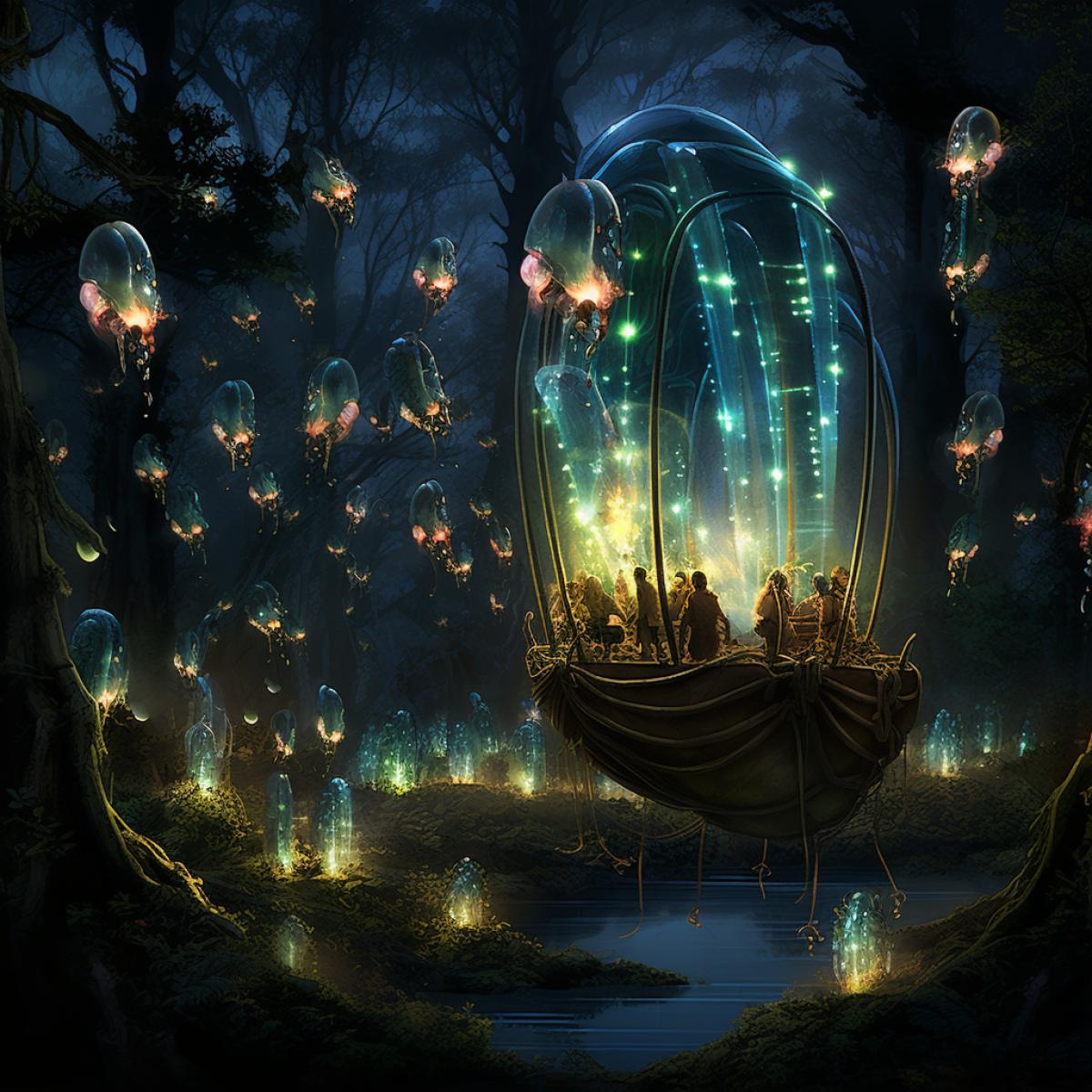 Giant bioluminescent fireflies as mobile lanterns in an enchanted forest. Massive firefly-like creatures with softly glowing wings serve as eco-friendly transport for forest-dwelling communities. Passengers sit within illuminated pods atop the creatures, traversing the dense, mysterious woodlands under the ethereal, living lanterns guidance.