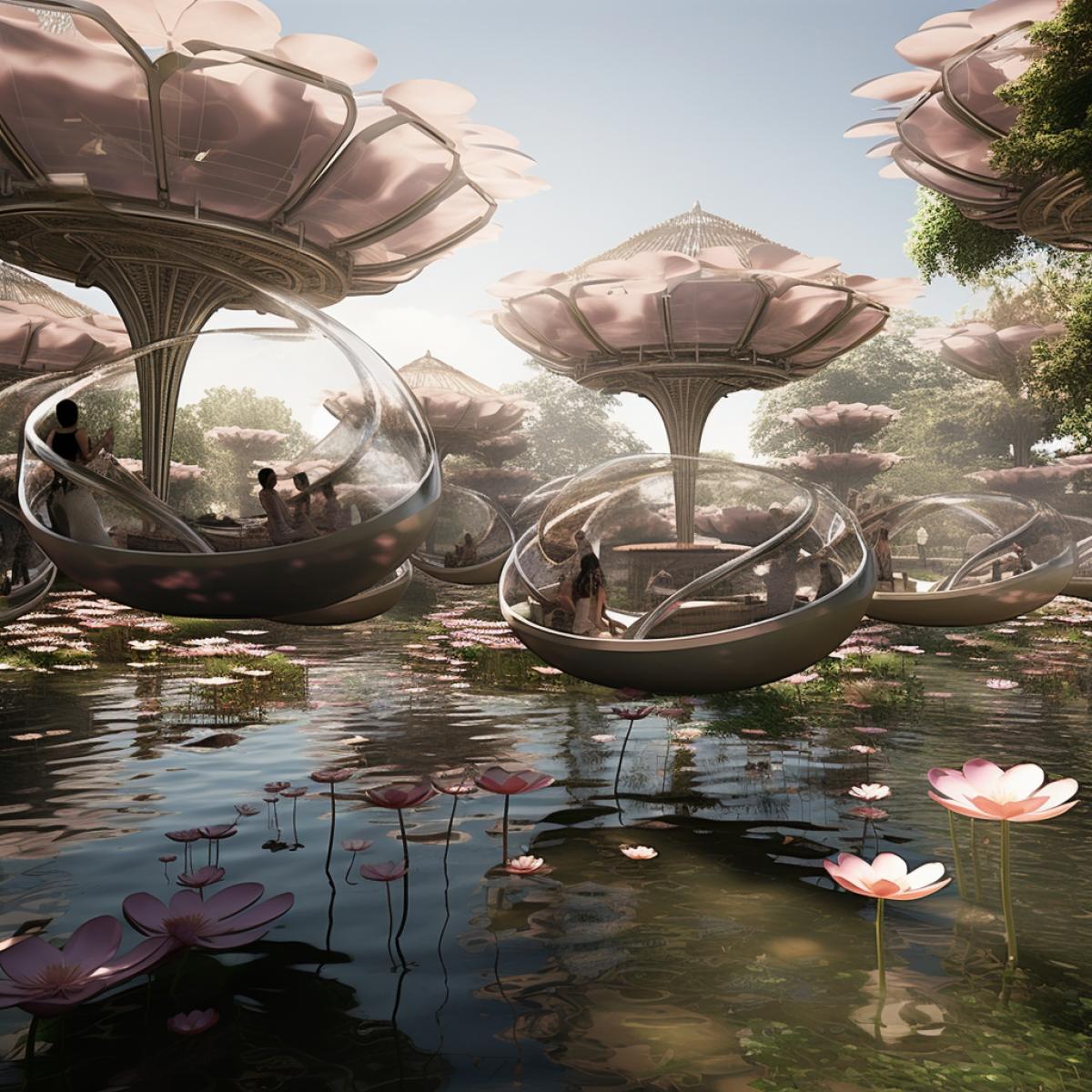 Levitating lotus gondolas in a floating garden city. In a city suspended above a vast, tranquil lake, lotus-shaped gondolas hover above the waters surface. Passengers recline on plush, petal-like seats within the lotus pods, while delicate, shimmering lotus petals extend outward, creating a sense of floating on a sea of blossoms. The serene gondolas glide through a garden city where floating flower beds and architectural wonders surround passengers in an exotic, dreamlike experience.