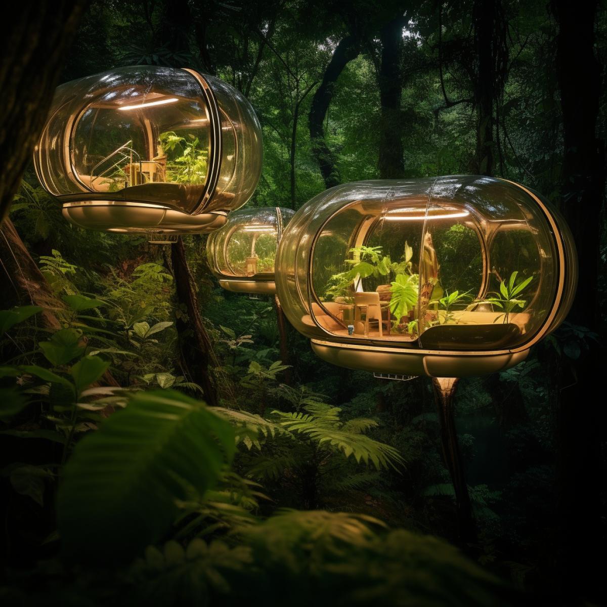 Floating vine-encased airships drift through the lush canopy of a bioluminescent jungle. These eco-friendly vessels are adorned with intertwining vines and leaves, creating a harmonious blend with the natural world. Passengers sit in glcabins, surrounded by the mesmerizing glow of bioluminescent flora. The airships gently sway as they navigate the dense, vibrant vegetation, providing an exotic, serene journey.