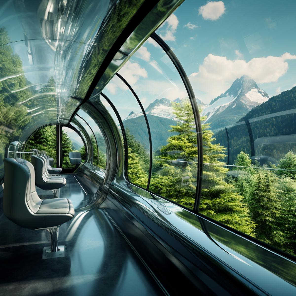 Hypersonic gltrains on a crystal-clear rail network. These sleek, glass-encased trains move at unimaginable speeds through a crystalline world. Passengers sit in transparent cabins as they race along a network of glrails, offering uninterrupted, panoramic views of a surreal, geometric landscape. The futuristic, high-speed transport system challenges conventional notions of speed and travel.