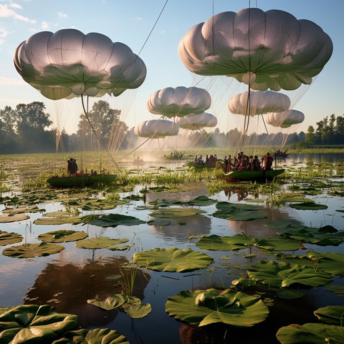 Giant floating lily pad balloons in a fantastical marshland. Passengers embark on oversized lily pad-shaped balloons that float gracefully above a whimsical, marshy terrain. These botanical balloons are tethered to the ground by luminescent vines, and passengers recline in lush, water lily-themed seats. As the balloons gently sway in the marshland breeze, passengers are treated to a surreal, dreamy journey filled with exotic flora and quirky marshland creatures.