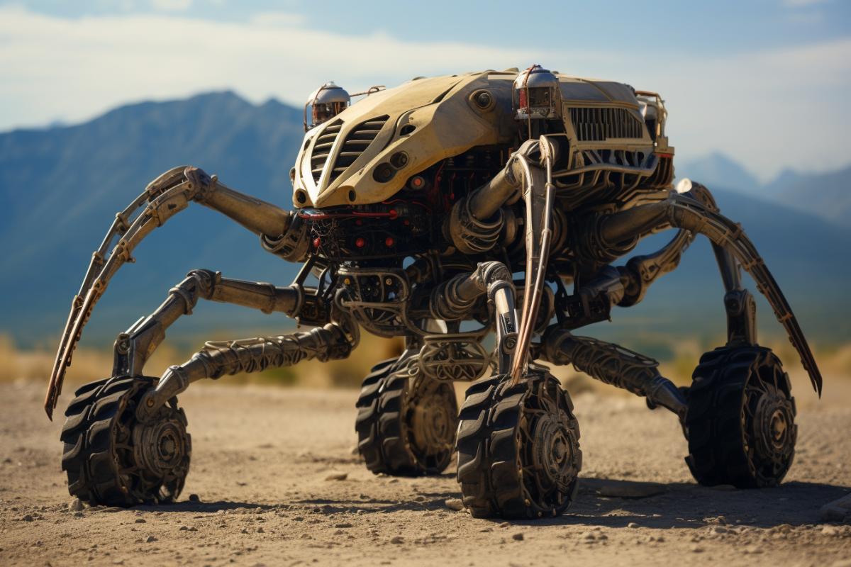 A vehicle on six legs, like a huge mechanical insect, providing access to difficult terrain and unexplored territories.