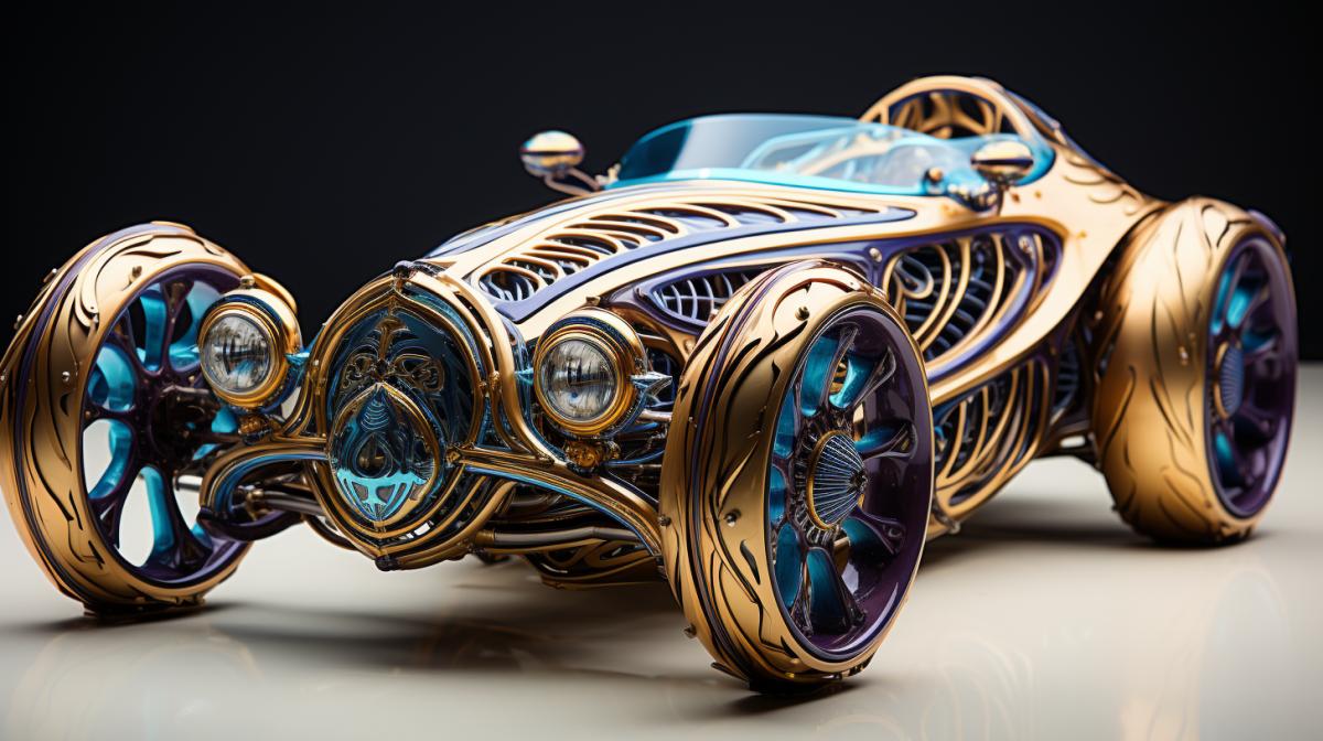 Image of Phantasmogoria car in light blue, blue and yellow colors, in the style of made of liquid metal, zbrush, light gold and purple, charming characters, fluid glsculptures, colorful animations