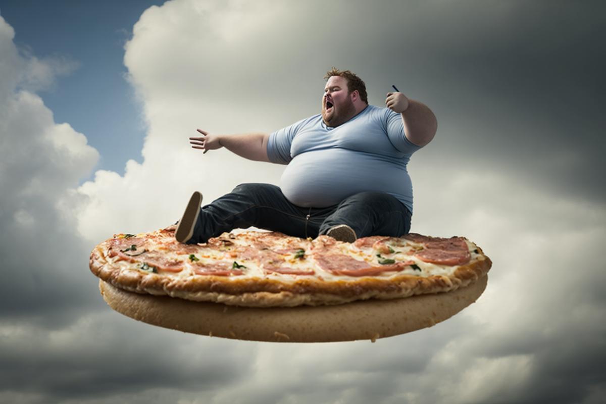 an overweight man sits astride a huge pizza, rides across a cloudy sky, sony fe 85mm f/1.4, energetic and brave