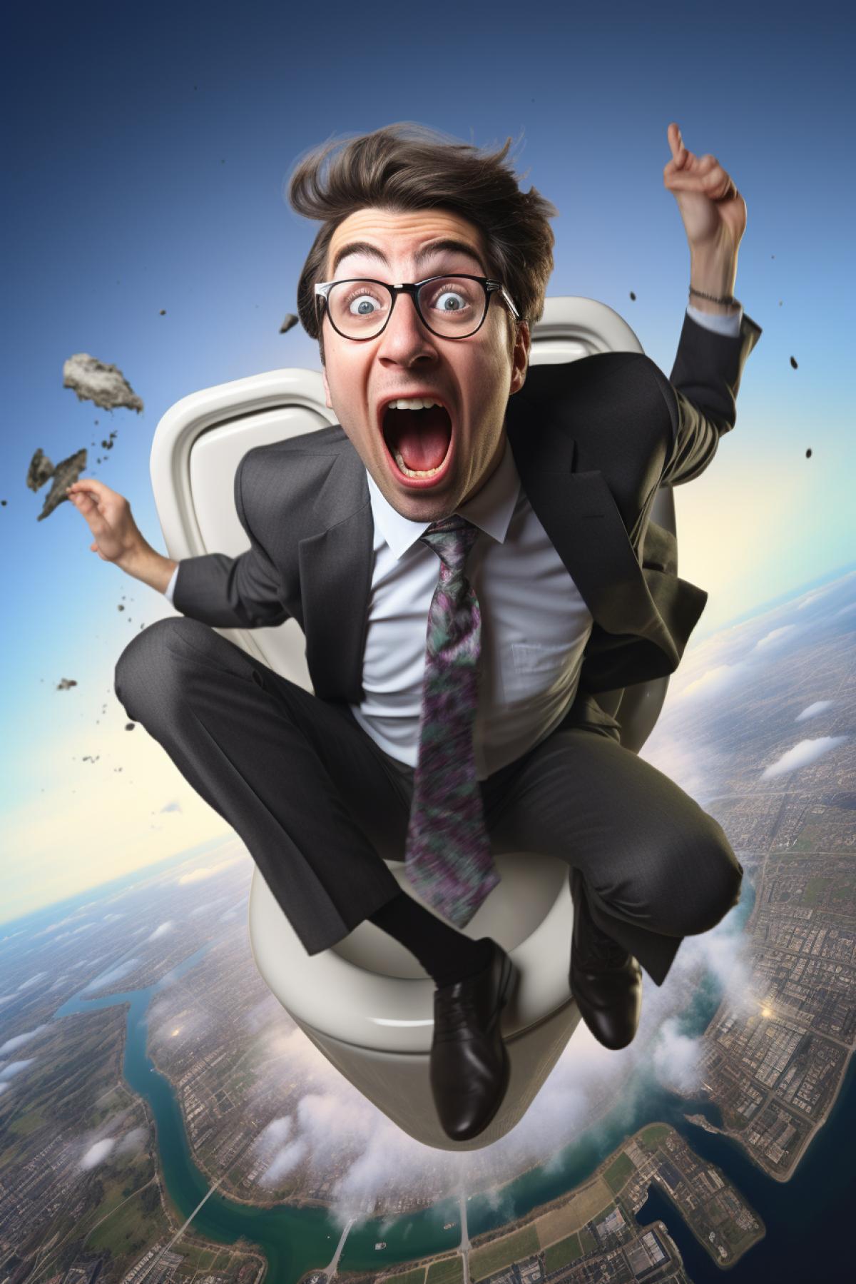 a young businessman in a business suit flying away on toiletrocket, in the style of spacesolarpunk, photo-realistic hyperbole, commission for, creative commons attribution, jump cuts, satirical caricature