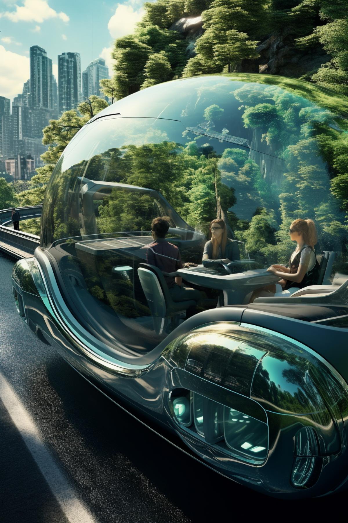 A huge futuristic car in the shape of a soap bubble, with people inside, driving along the road