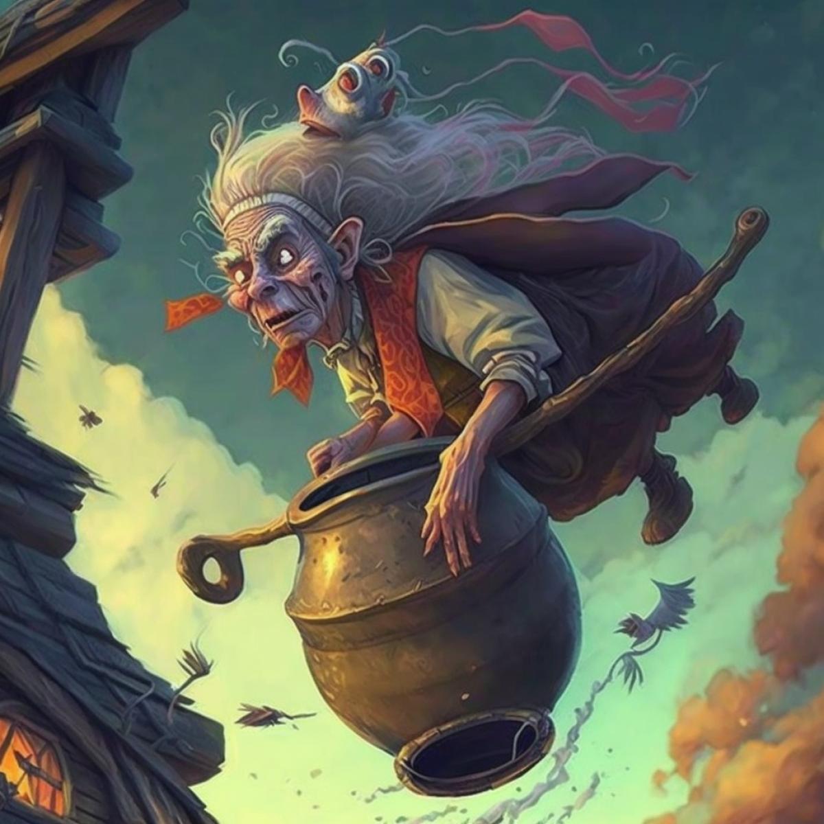Baba Yaga flies in a mortar at high speed