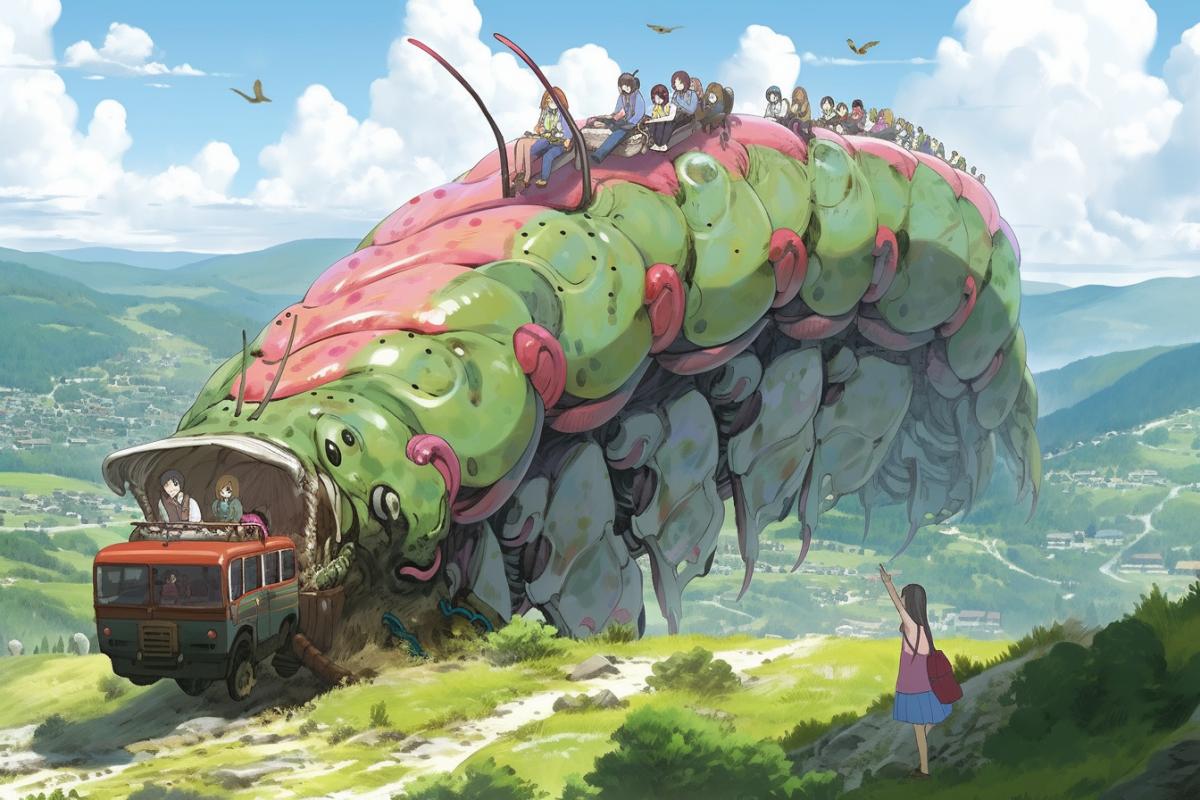 a giant biomechanical caterpillar drives people with their luggage through the green valley, Hayao Miyazaki anime style