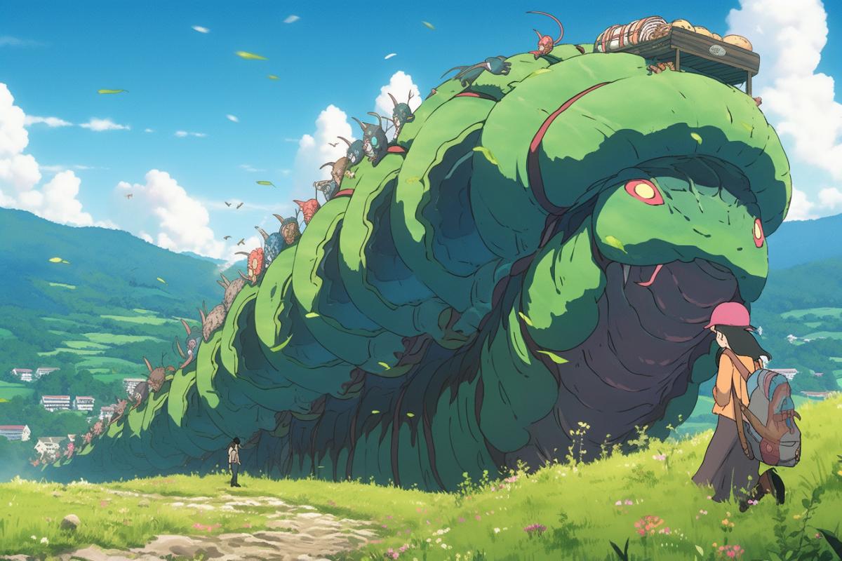 a giant caterpillar drives people with their luggage through the green valley, Hayao Miyazaki anime style