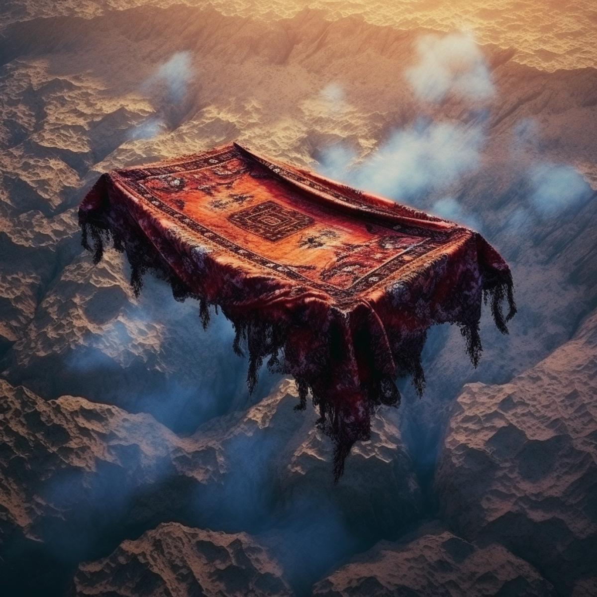 unusual flying carpet in the Gothic style, flight above the earth, rock, matte color, bright and rich colors, photography