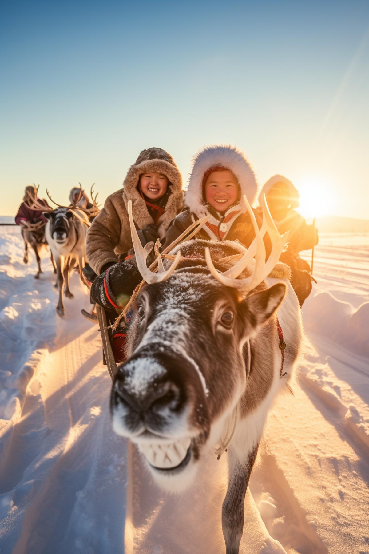 Family of Eskimo in sledges riding galloping reindeers antlers smart faces across tundra sunrise early morning rush dynamics blizzard happy faces side view