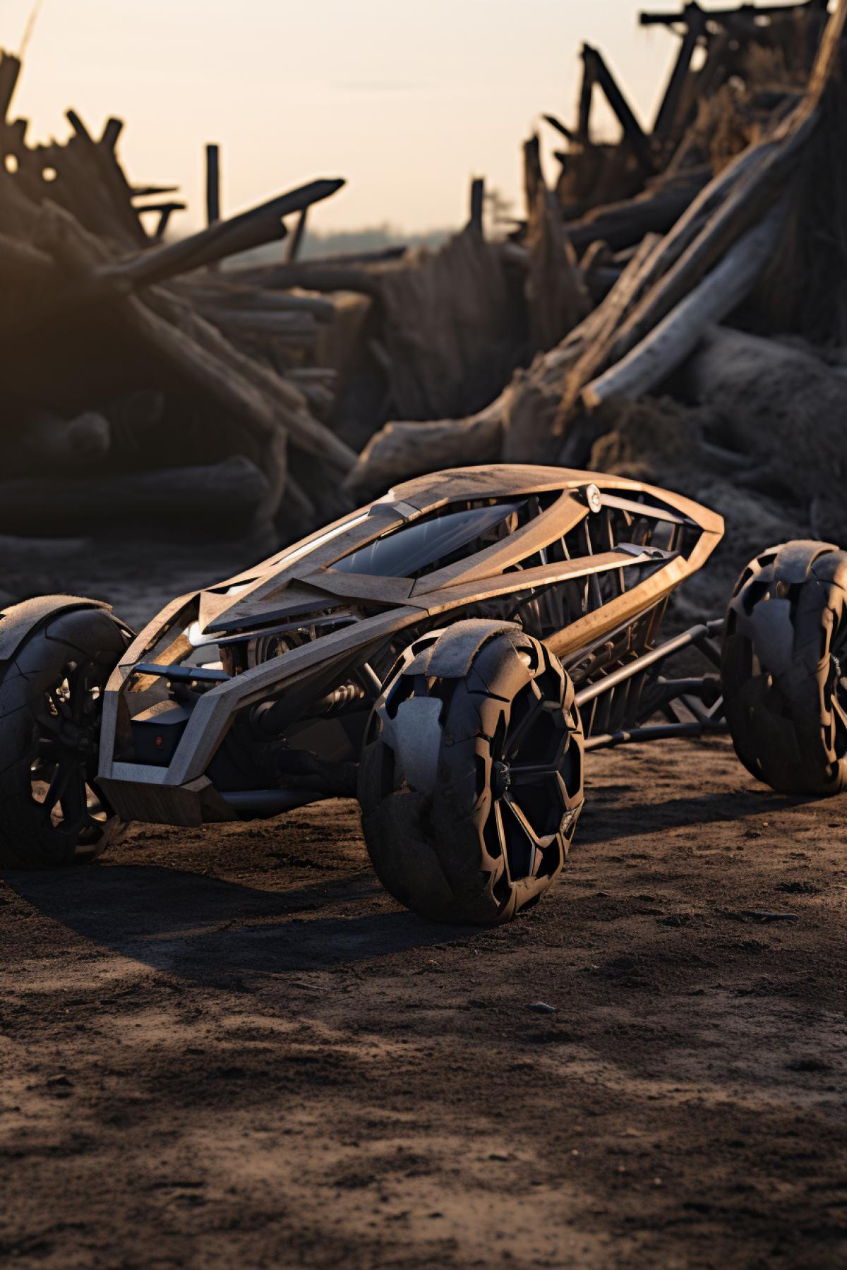 Futuristic roadster made of dirts and sticks