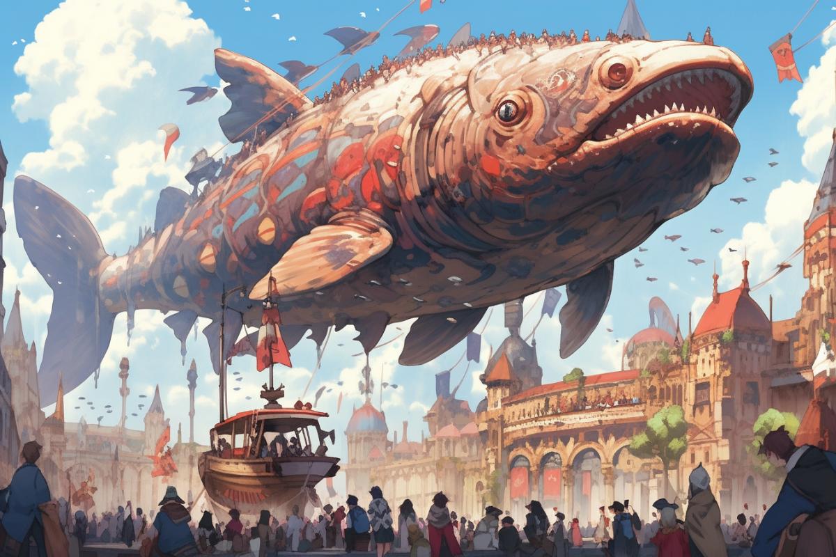 an airship in the form of a huge thick fish, with shiny scales, with passengers, flying over a fabulously beautiful ancient city