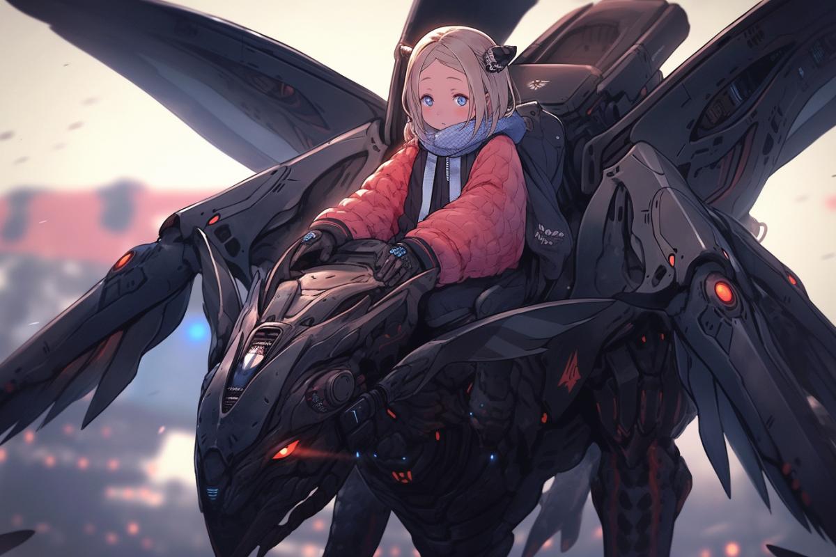 futurism, fantasy, a little girl in a futuristic jumpsuit with luminescent inserts, flies, sitting astride a giant mechanical dragonfly
