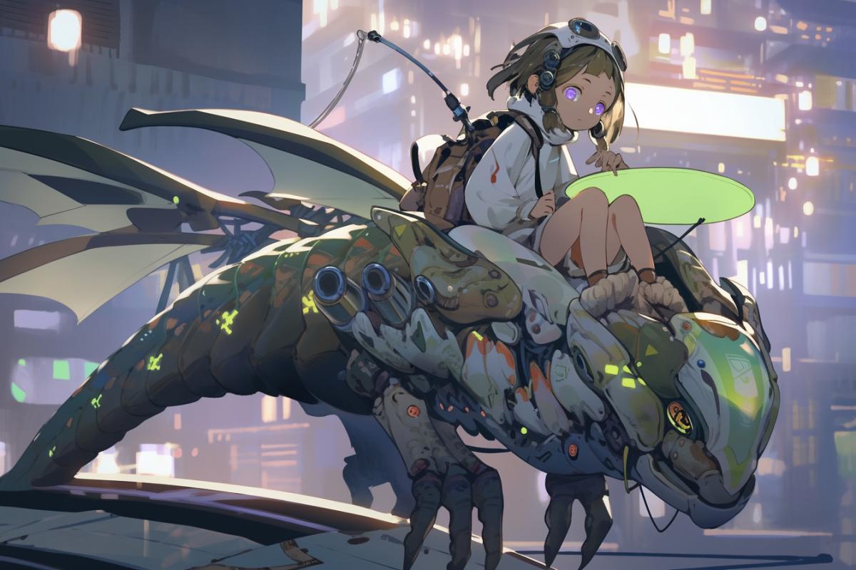 futurism, fantasy, a little girl in a futuristic jumpsuit with luminescent inserts, flies, sitting astride a giant mechanical dragonfly