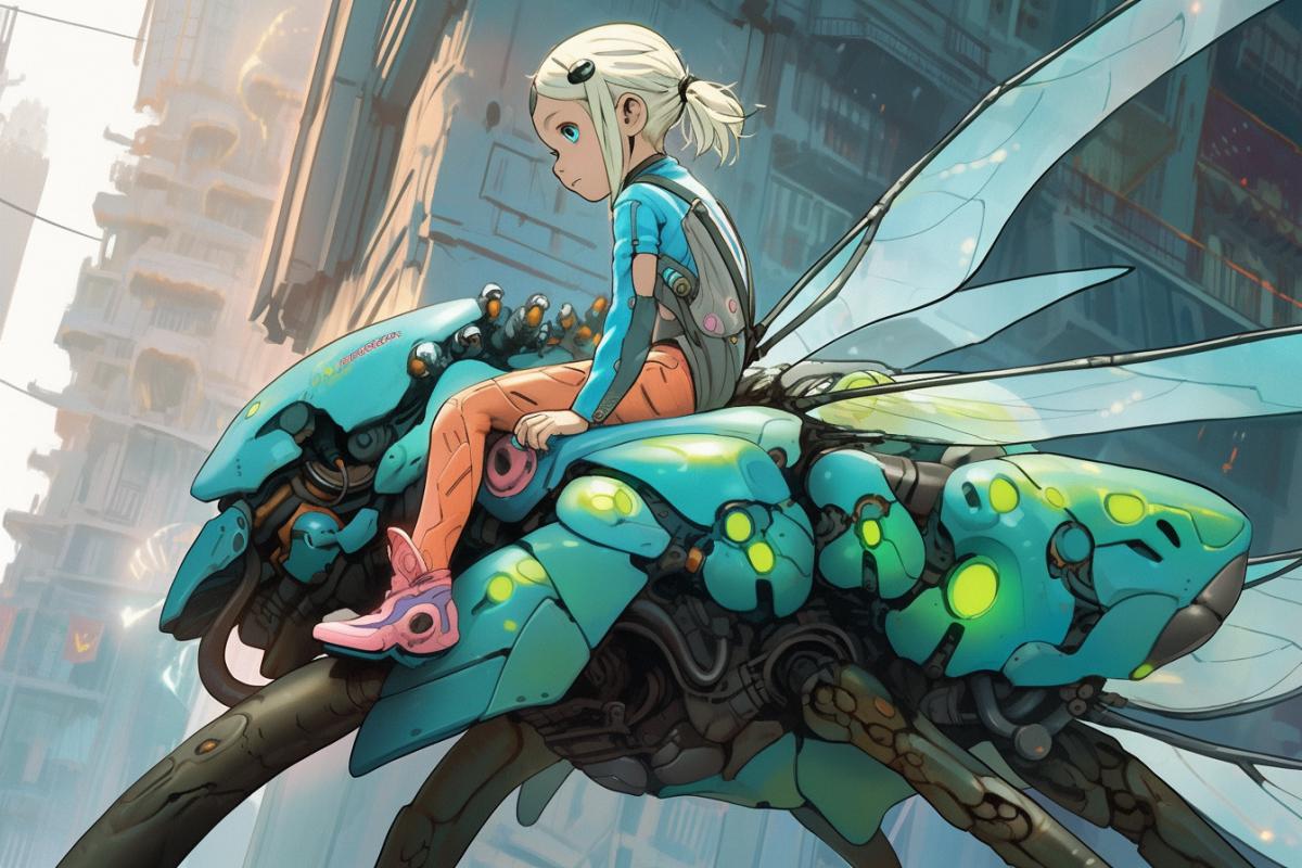 futurism, fantasy, a little girl in a futuristic jumpsuit with luminescent inserts, flies, sitting astride a giant mechanical dragonfly