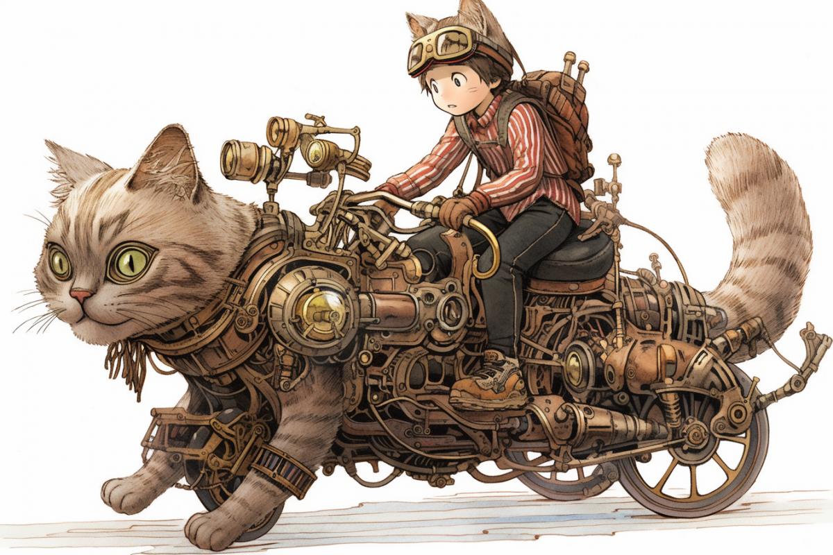 A small child rides while sitting astride a mechanical cat, steampunk style, color engraving