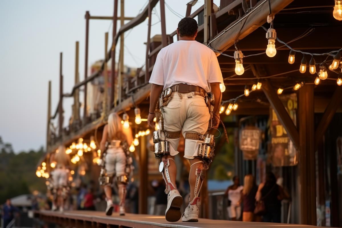 a strange man on giant stilts walks along a city street, stepping over cars and passers-by, night city, cyber-punk style