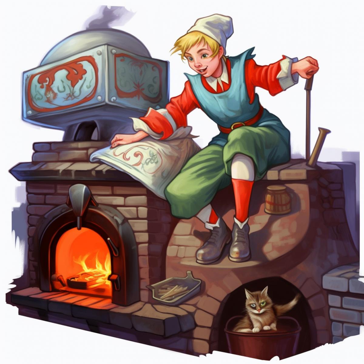 Young man on a Russian stove, illustration for a childrens book
