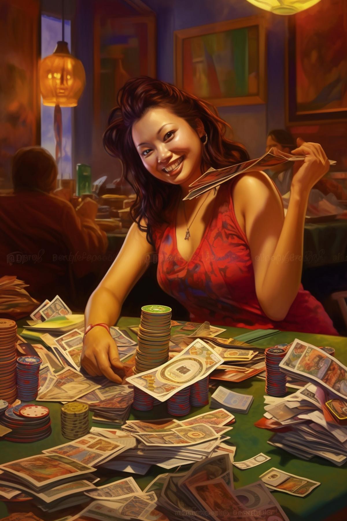 las vegas, casino, gaming card table, gambling girl won a big pile of money, delight, joy, bright colors, photorealism