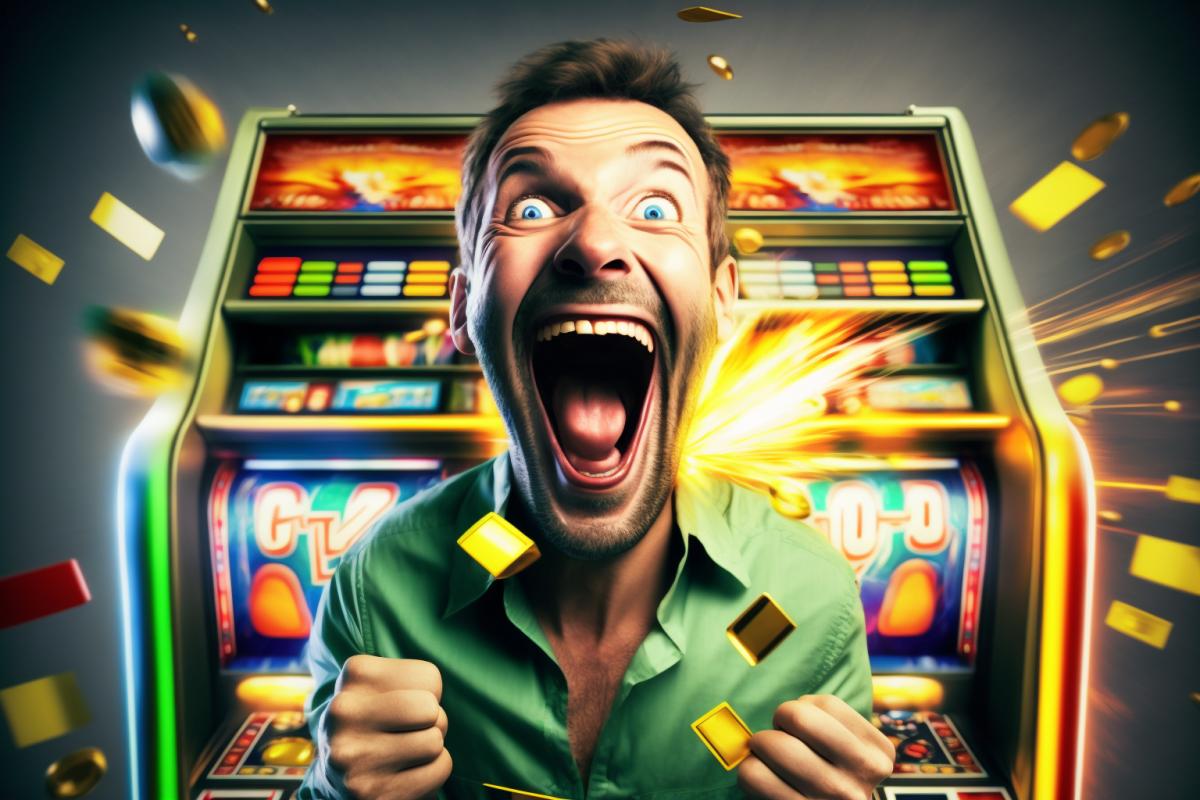happy winner on slot machines in casino, Jack Pot