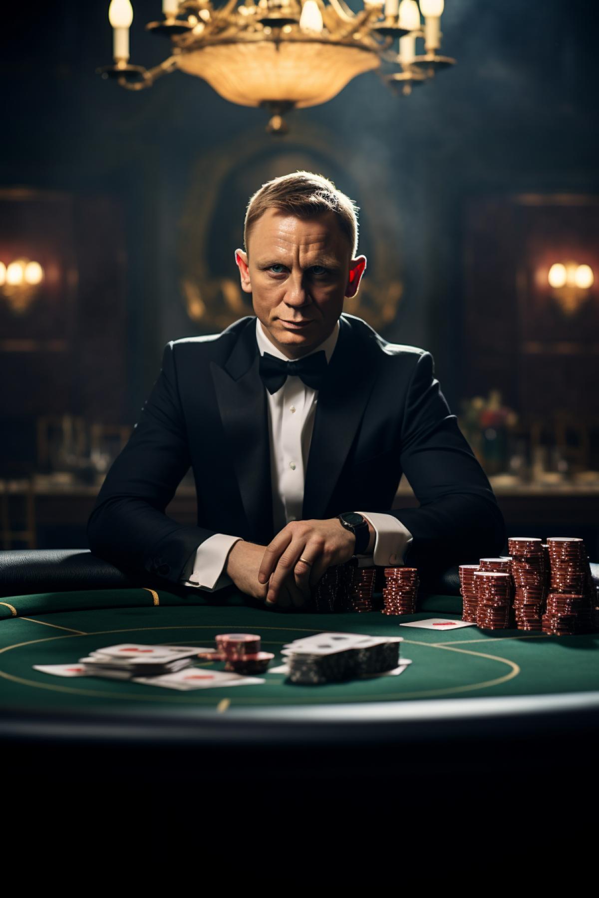 James Bond Daniel Craig playing poker at a casino table, dramatic lighting, understated smile