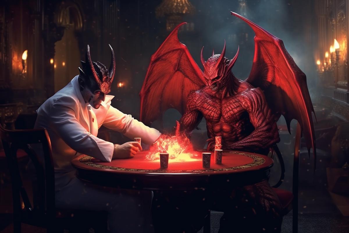 Angel and demon playing poker in a casino