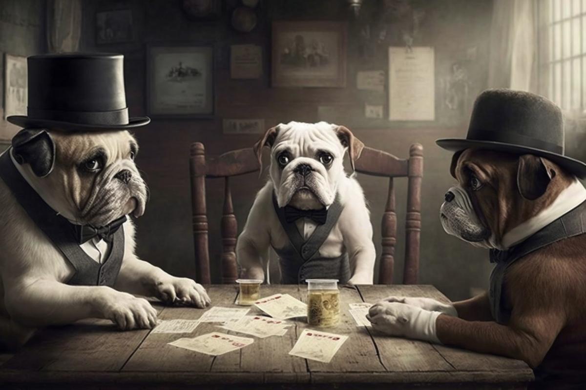 dogs in bowler hats play cards