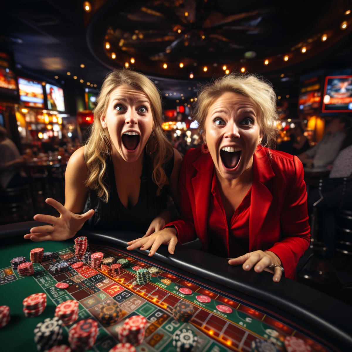 Two happy elderly women in evening dresses and makeup screaming with joy in a casino interior. Big win, emotions, drive. The interior of the casino is characterized by luxury, bright colors, and a certain nobility. This can be seen everywhere, from beautiful paintings, numerous woodwork, comfortable furniture to antiques of due uniqueness and beautiful, original carpets.