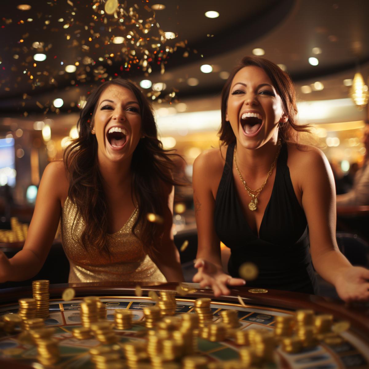 Two happy elderly women in evening dresses and makeup screaming with joy in a casino interior. Big win, emotions, drive. The interior of the casino is characterized by luxury, bright colors, and a certain nobility. This can be seen everywhere, from beautiful paintings, numerous woodwork, comfortable furniture to antiques of due uniqueness and beautiful, original carpets.