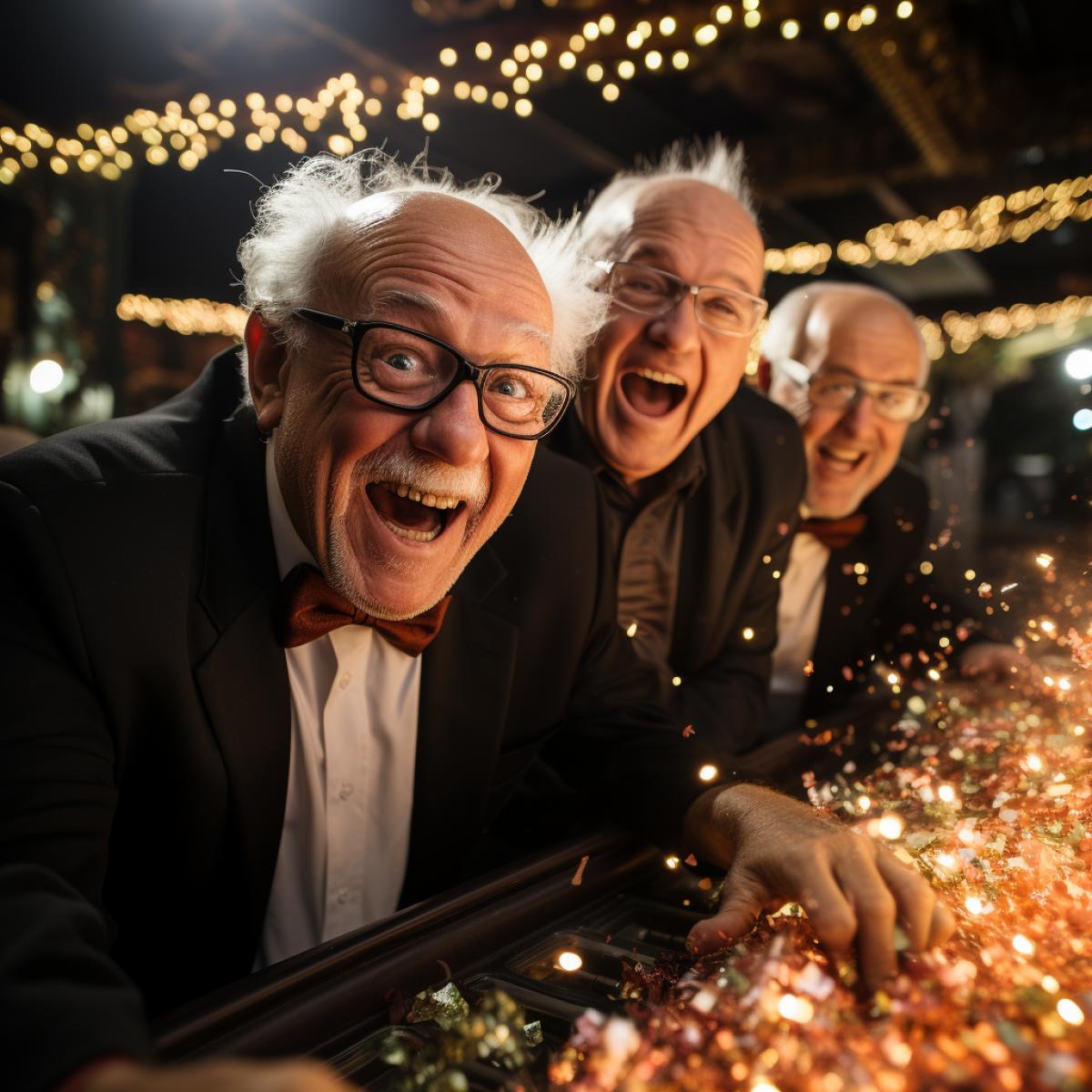 Three happy old men in evening suits with sequins and ties screaming with joy in the interior of a casino. Big win, emotions, drive. luxury, bright colors, many beautiful paintings, wood products, comfortable furniture, original carpets.