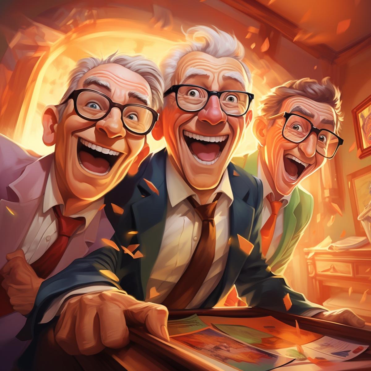 Three happy old men in evening suits with sequins and ties screaming with joy in the interior of a casino. Big win, emotions, drive. luxury, bright colors, many beautiful paintings, wood products, comfortable furniture, original carpets.