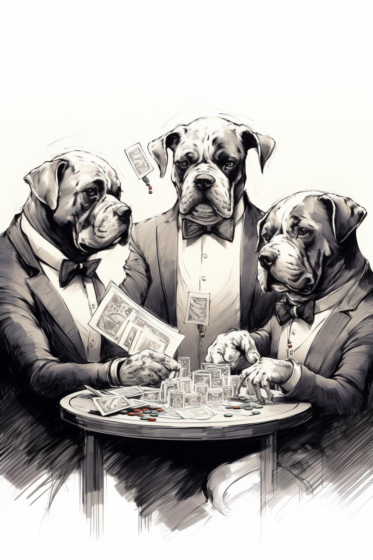 Pedigree noble Dogs playing poker smoking cigars in fashionable luxury casino pencil and coal drawing