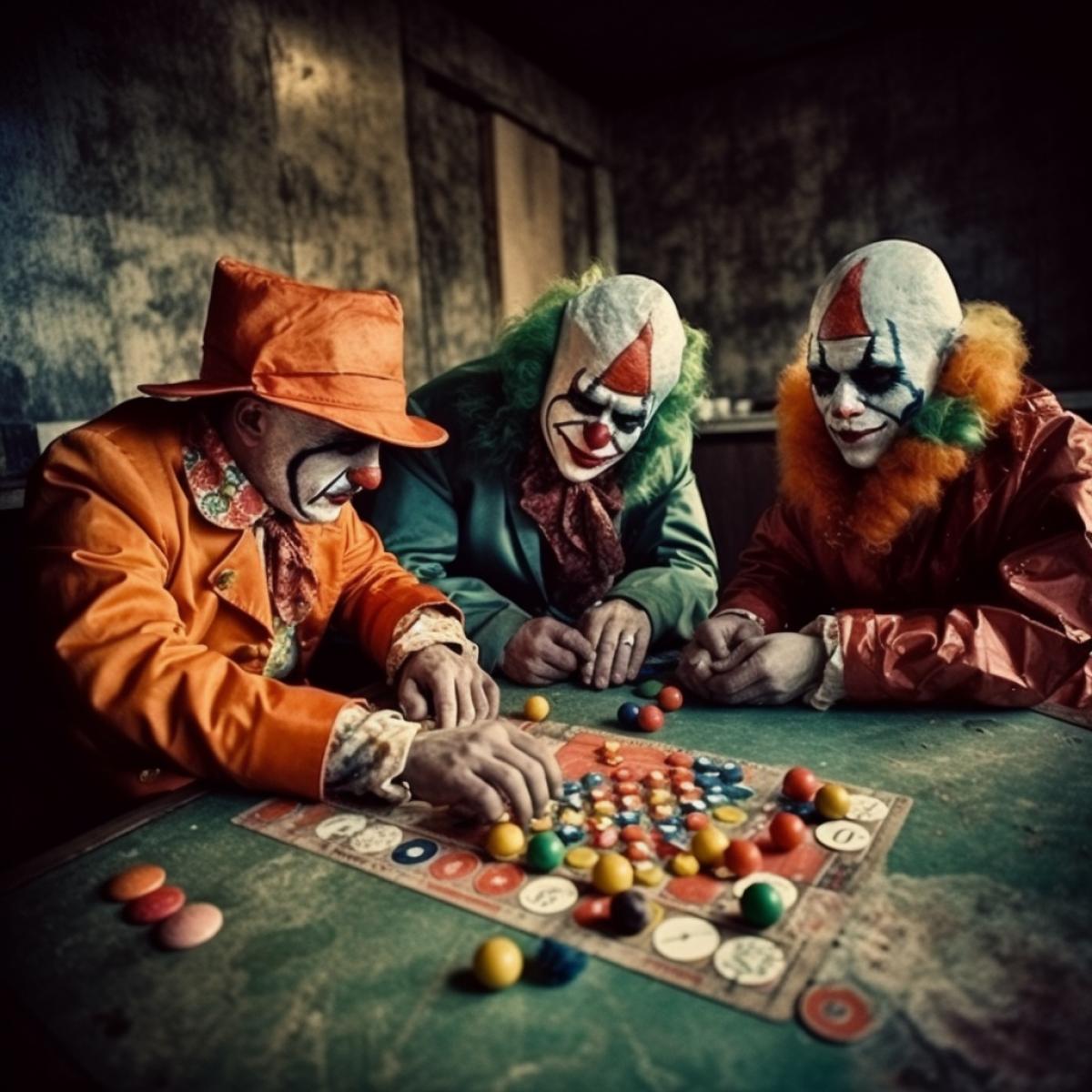 clowns playing Russian roulette, madness, Gotham, bright rich colors, photography
