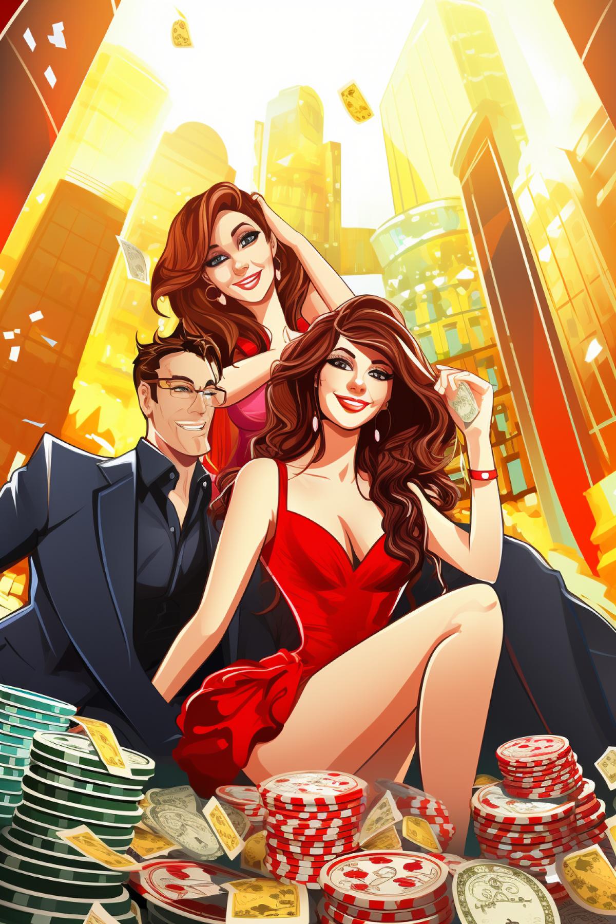 Pick up those beautiful ladies in casino on the background of giant pile of money try it