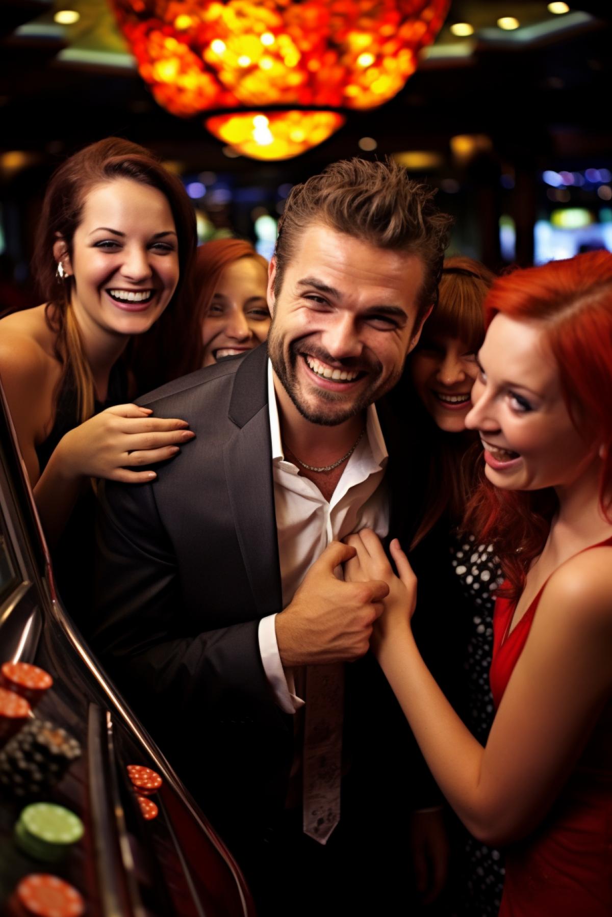 He hit the jackpot at casino now happy and beautiful ladies around him awarded photo