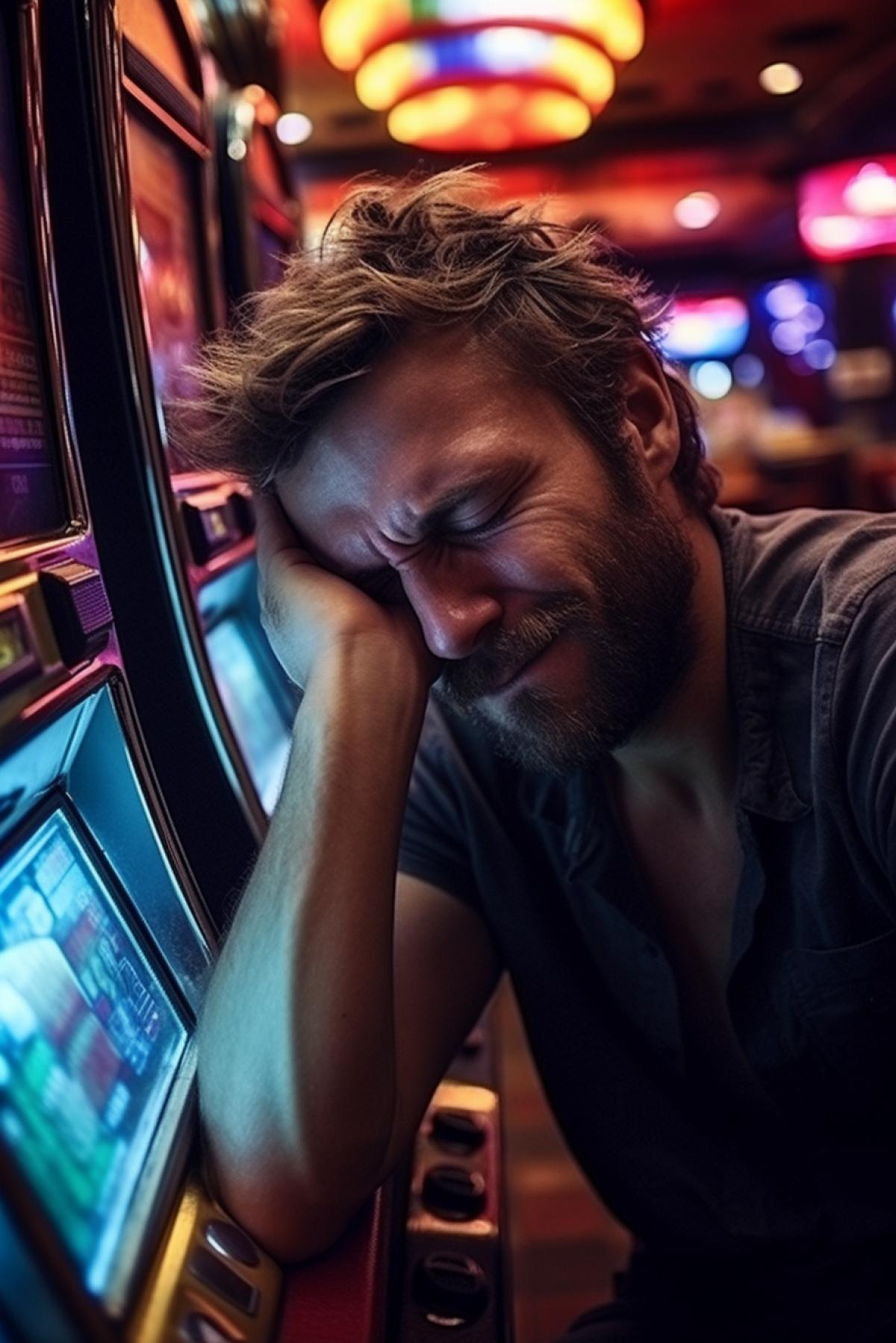 The tired exhausted man insane look tousled in casino on and on and on playing slot machine hoping to win casino interior hopelessness desperation awarded photo